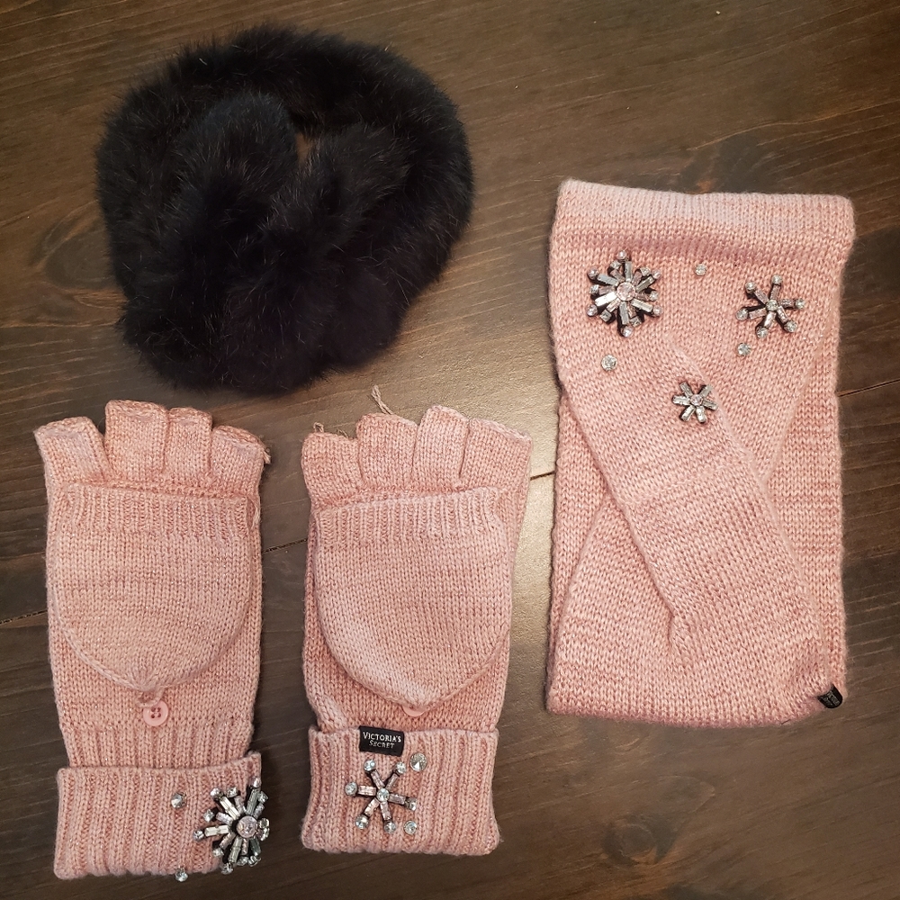 Victoria secret pink rhinestone fingerless gloves headband black fuzzy earmuffs